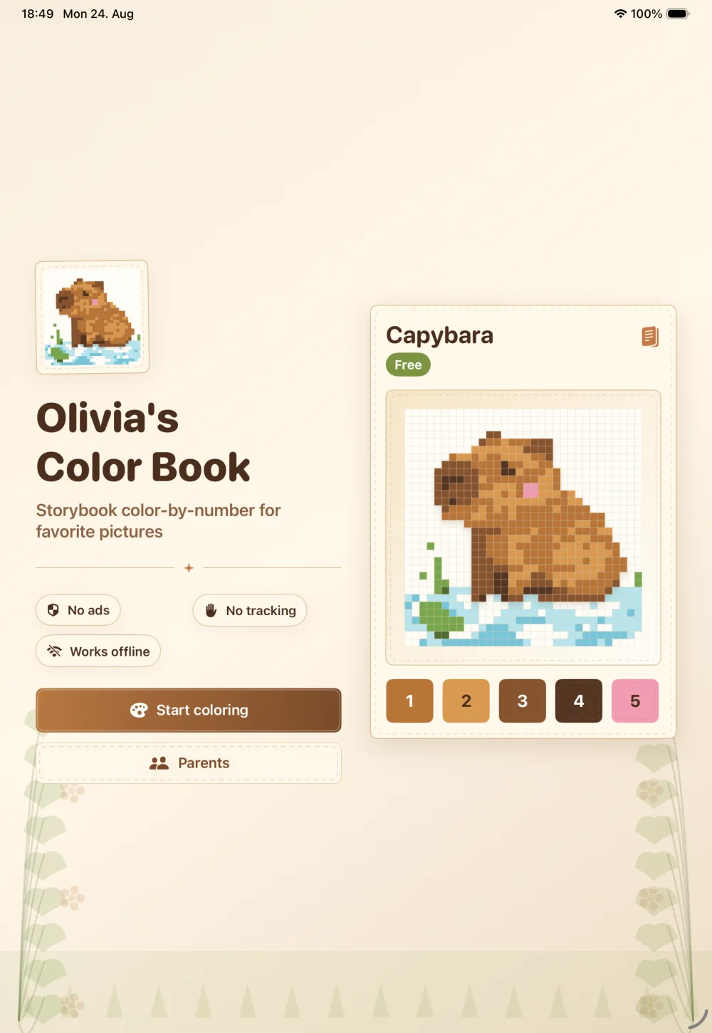 Olivia's Color Book start screen on iPad