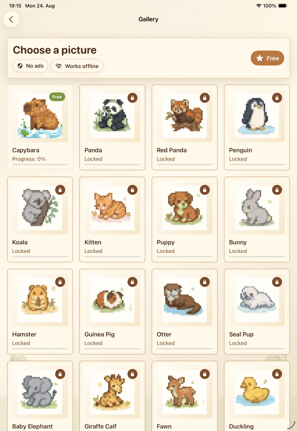 Animal picture gallery in Olivia's Color Book on iPad